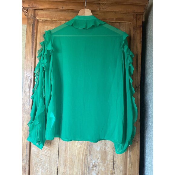 🔥 New Zara I Emerald Green Long Sleeve Ruffled Chiffon Shirts I Size S - Picture 2 of 6